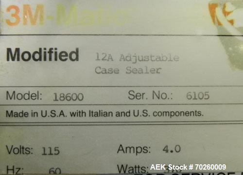 Used 3M Model 12A Semi Automatic Top & Bottom Case Sealer. Capable of speeds up to 23 cases per minute. Has a case size range: (Length) 5.87" L to unlimited (Width) 4.5" to 20" (Height) 4.75" to 20"....