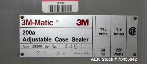 Used 3M-Matic Top & Bottom Adjustable Case Sealer, Model 200A, Type 29200, Carbon Steel. Up to 40 cases per minute, minimum case size 6" wide x 4.75" high x 6" long, maximum case size 21.5" wide x 24...