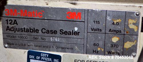 Used 3M 12A-18600 SemiAuto Adjustable Top Case Taper capable of speeds up to 27 cpm depending on application and operator dexterity. Case size range of:  6" - unlimited length x 4 1/2" - 20" wide x 4...