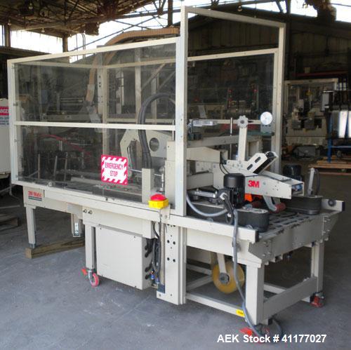 Used 3M Top and Bottom Case Taper, Model 12RF, Type 18700, Carbon Steel. Up to 8 cases per minute. Case size range: Length 10’’ to 24’’, Width 8’’ to 19-1/2’’, Height 6’’ to 20’’. Tape width 3". Moto...