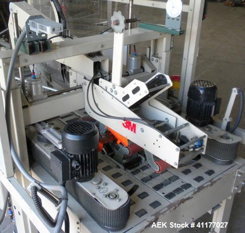 Used 3M Top and Bottom Case Taper, Model 12RF, Type 18700, Carbon Steel. Up to 8 cases per minute. Case size range: Length 10’’ to 24’’, Width 8’’ to 19-1/2’’, Height 6’’ to 20’’. Tape width 3". Moto...