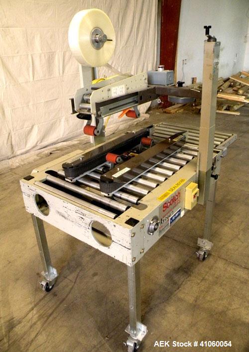 Used 3M Top and Bottom Adjustable Case Sealer, Model 8A, Type 18300, Carbon Steel. Up to 30 cases per minute. Case size range: length 6’’ to unlimited, width 4.5’’ to 20’’, height 4-3/4’’ to 20’’. Ma...