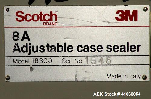 Used 3M Top and Bottom Adjustable Case Sealer, Model 8A, Type 18300, Carbon Steel. Up to 30 cases per minute. Case size range: length 6’’ to unlimited, width 4.5’’ to 20’’, height 4-3/4’’ to 20’’. Ma...
