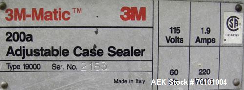 Used 3M-Matic Top and Bottom Adjustable Case Sealer, Model 200A, Type 19000, Carbon Steel. Up to 40 cases per minute. Case size range: length 6’’ to unlimited, width 6’’ to 21.5’’, height 4.75" to 28...