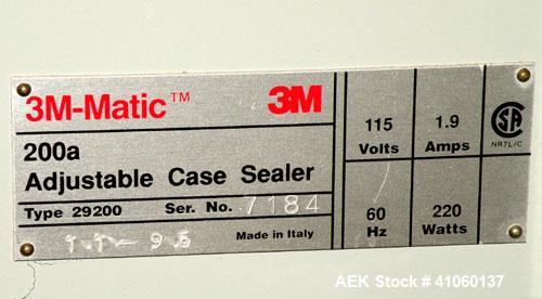Used 3M-Matic Top And Bottom Adjustable Case Sealer, Model 200A, Type 29200, Carbon Steel. Up to 40 cases per minute, minimum case size 6" wide x 4.75" high x 6" long, maximum case size 21.5" wide x ...