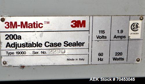 Used 3M-Matic Top & Bottom Adjustable Case Sealer, Model 200A, Type 19000, Carbon Steel. Up to 40 cases per minute, minimum case size 6" wide x 4.75" high x 6" long, maximum case size 21.5" wide x 24...