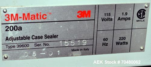 Used 3M-Matic Model 200A Top Only Adjustable Case Sealer. Up to 40 cases per minute, minimum case size 6” wide x 4.75” high x 6”' long, maximum case size 21.5” wide x 24.5” to 28.5” high x unlimited ...