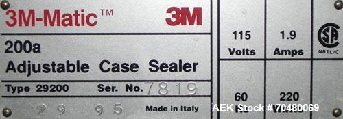 Used 3M-Matic Top & Bottom Adjustable Case Sealer, Model 200A, Type 29200, Carbon Steel. Up to 40 cases per minute, minimum case size 6" wide x 4.75" high x 6'' long, maximum case size 21.5" wide x 2...