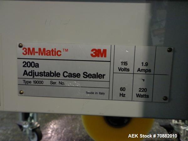 Used- 3M Model 200A, Type 19000 Top and Bottom Adjustable Case Sealer. Up to 40 cases per minute, minimum case size 6" wide ...