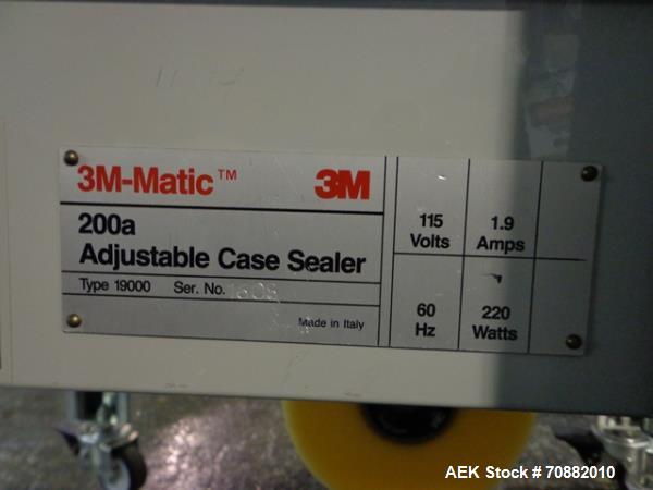 Used 3M Model 200A, Type 19000 Top and Bottom Adjustable Case Sealer. Up to 40 cases per minute, minimum case size 6" wide x 4.75" high x 6"' long, maximum case size 21.5" wide x 24.5" to 28.5" high ...