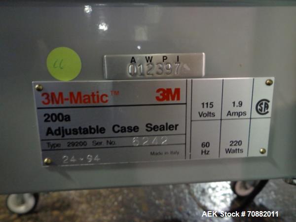 Used 3M Model 200A, Type 29200 Top and Bottom Adjustable Case Sealer. Up to 40 cases per minute, minimum case size 6" wide x 4.75" high x 6"' long, maximum case size 21.5" wide x 24.5" to 28.5" high ...