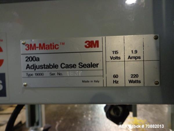Used 3M Model 200A, Type 19000 Case Sealer. Top and bottom heads. Capable of speeds up to to 40 cases per minute, minimum case size 6" wide x 4.75" high x 6"' long, maximum case size 21.5" wide x 24....