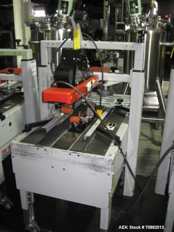 Used 3M Model 200A, Type 19000 Case Sealer. Top and bottom heads. Capable of speeds up to to 40 cases per minute, minimum case size 6" wide x 4.75" high x 6"' long, maximum case size 21.5" wide x 24....