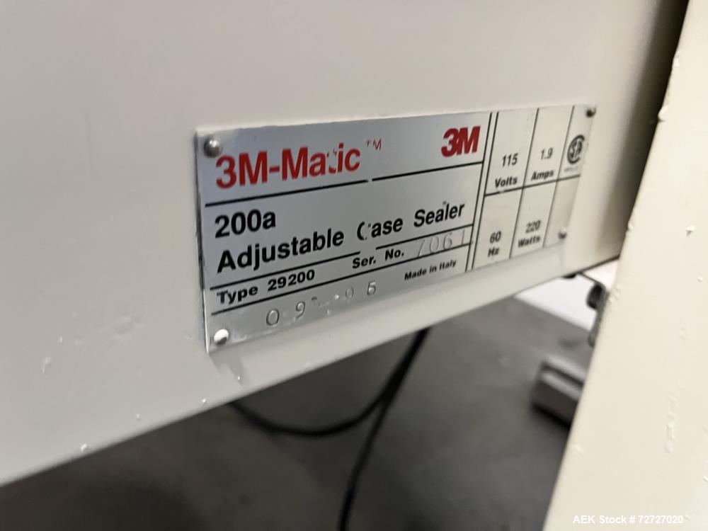 Used-3M Top and Bottom Adjustable Case Sealer, Model 200a, type 29200. Tape size 1.5-2", 40/min operating rate. 85lbs max bo...