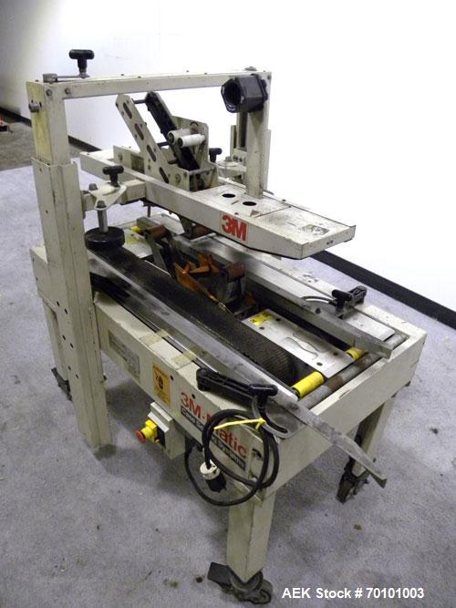 Used 3M-Matic Top And Bottom Adjustable Case Sealer, Model 22A, Type 28600, Carbon Steel. Up to 27 cases per minute. Case size range Length 6’’ to unlimited, Width 6’’ to 20’’, Height 4-3/4’’ to 20’’...
