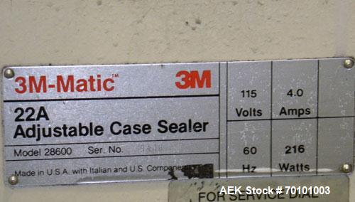 Used 3M-Matic Top And Bottom Adjustable Case Sealer, Model 22A, Type 28600, Carbon Steel. Up to 27 cases per minute. Case size range Length 6’’ to unlimited, Width 6’’ to 20’’, Height 4-3/4’’ to 20’’...
