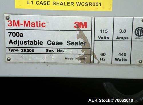 Used 3M-Matic Top Only Adjustable Case Sealer, Model 700A, Type 29200, Carbon Steel. Up to 30 cases per minute. Case size range: length 6 to unlimited, width 6 to 21-1/2, height 4-3/4 to 24-1/2. Manu...
