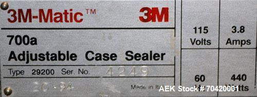 Used 3M-Matic Top and Bottom Adjustable Case Sealer, Model 700A, Type 29200, Carbon Steel. Up to 30 cases per minute. Case size range:  length 6’’ to unlimited, width 6’’ to 21-1/2’’, height 4-3/4’’ ...