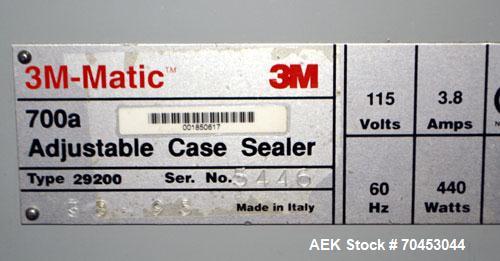 Used 3M-Matic Top And Bottom Adjustable Case Sealer, Model 700A, Type 29200, Carbon Steel. Up to 30 cases per minute. Case size range Length 6” to unlimited, Width 6” to 21-1/2”, Height 4-3/4” to 24-...