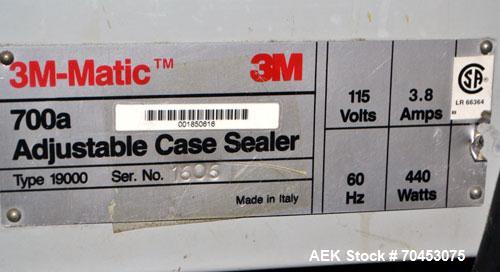Used 3M-Matic Model 700A Top Only Adjustable Case Sealer. Up to 40 cases per minute, minimum case size 6” wide x 4.75” high x 6”' long, maximum case size 21.5” wide x 24.5” to 28.5” high x unlimited ...