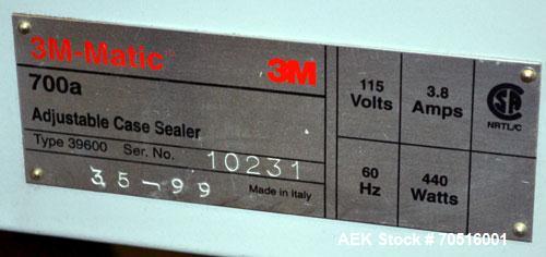 Used 3M-Matic 700A Top and Bottom Adjustable Case Sealer, Type 39600. Rated speeds up to 30 cases per minute. Case size range:  length 6” to unlimited, width 6” to 21-1/2”, height 4-3/4” to 24-1/2”. ...