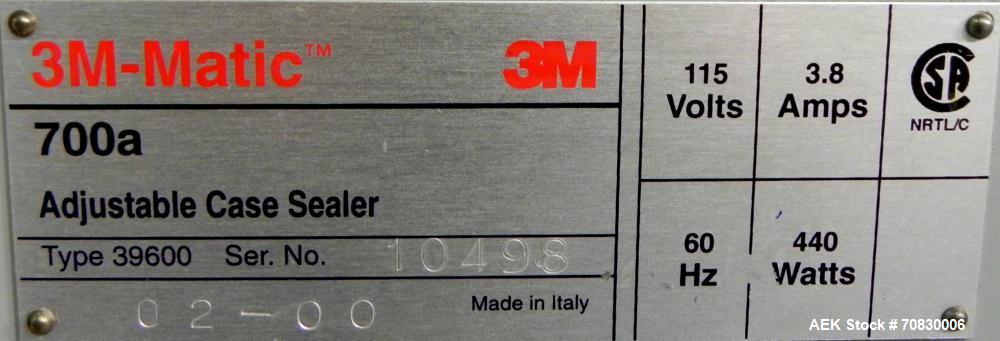 Used 3M-Matic 700A Top and Bottom Adjustable Case Sealer. Type 29200 is capable of speeds up to 30 cases per minute. Case size range: length 6’’ to unlimited, width 6’’ to 21-1/2’’, height 4-3/4’’ to...
