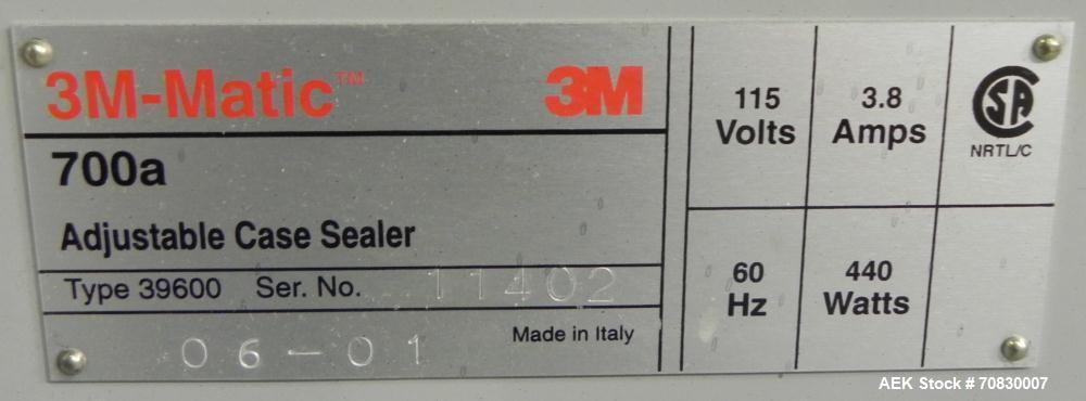 Used 3M-Matic 700A Top and Bottom Adjustable Case Sealer. Type 29200 is capable of speeds up to 30 cases per minute. Case size range: length 6’’ to unlimited, width 6’’ to 21-1/2’’, height 4-3/4’’ to...