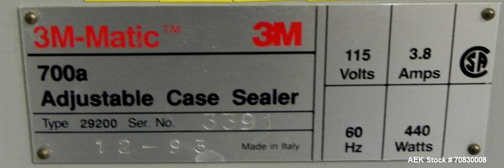 Used 3M-Matic 700A Top and Bottom Adjustable Case Sealer. Type 29200 is capable of speeds up to 30 cases per minute. Case size range: length 6’’ to unlimited, width 6’’ to 21-1/2’’, height 4-3/4’’ to...