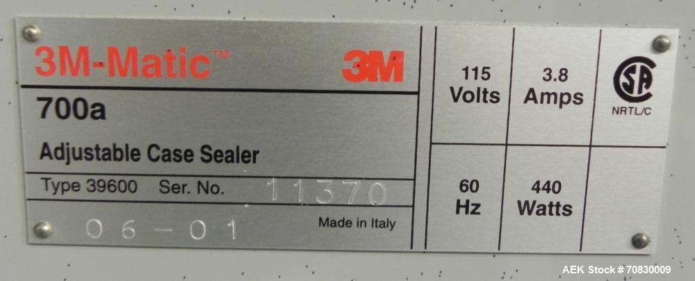 Used 3M-Matic 700A Top and Bottom Adjustable Case Sealer. Type 29200 is capable of speeds up to 30 cases per minute. Case size range: length 6’’ to unlimited, width 6’’ to 21-1/2’’, height 4-3/4’’ to...