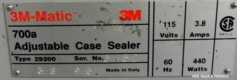 Used 3M-Matic 700A Top and Bottom Adjustable Case Sealer. Type 29200 is capable of speeds up to 30 cases per minute. Case size range: length 6 to unlimited, width 6 to 21-1/2, height 4-3/4 to 24-1/2....