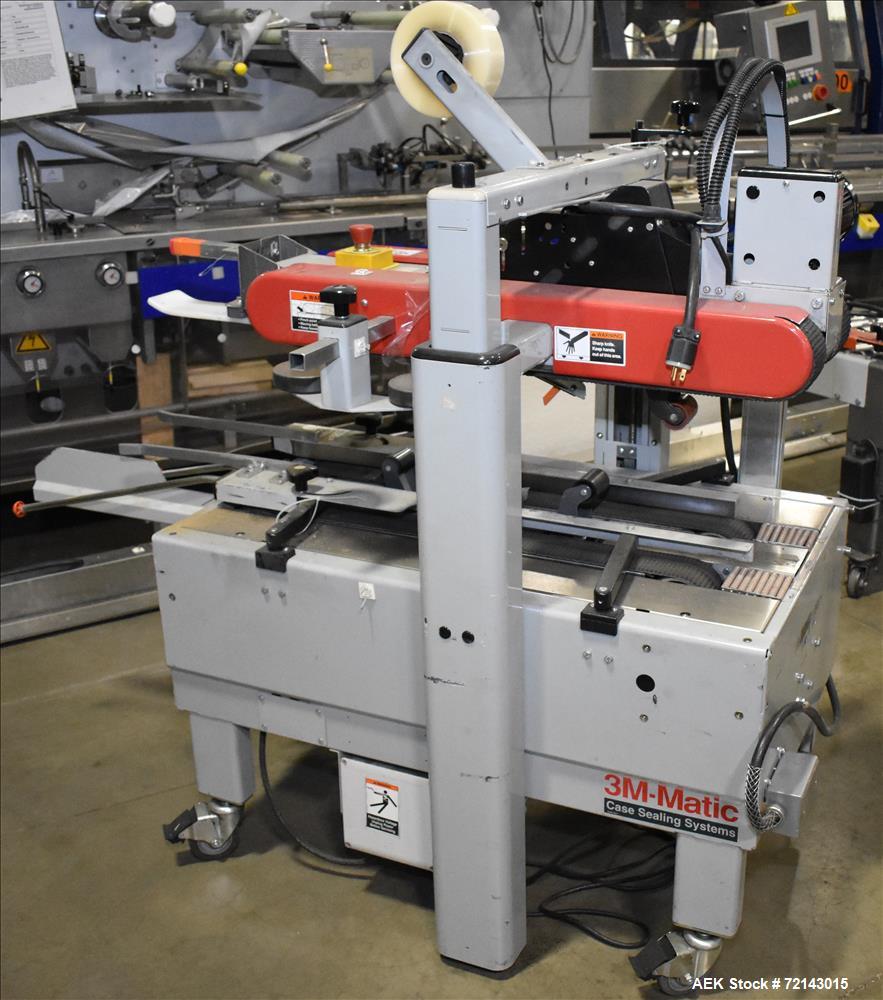 Used 3M-Matic Model 700A Adjustable Top and Bottom Case Sealer. The type 39600 is capable of speeds up to 30 cases per minute with a case size range of: (length) 6" to unlimited x (width) 6" to 21.5"...