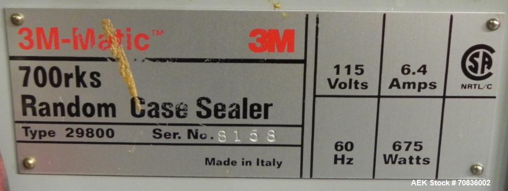 Used 3M-Matic Model 700RKS Top random Case Sealer. 3" top tape head. Capable of speeds up to 15 cases per minute. Case size range: (width) 7" - 25.5" (length) 6" - unlimited (Height) 4.75" - 25.5". T...