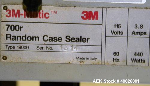 Used 3M-Matic Top And Bottom Random Case Sealer, Model 700R, Type 39600, Carbon Steel. Up to 15 cases per minute, minimum case size 6" wide x 4.75" high x 6" long, maximum case size 21.5" wide x 24.5...
