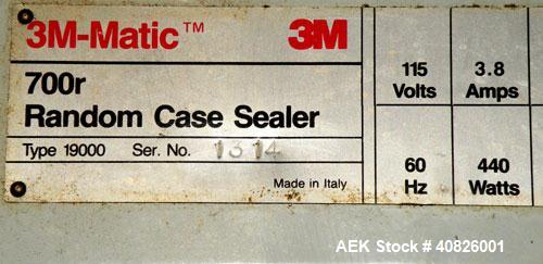 Used 3M-Matic Top And Bottom Random Case Sealer, Model 700R, Type 39600, Carbon Steel. Up to 15 cases per minute, minimum case size 6" wide x 4.75" high x 6" long, maximum case size 21.5" wide x 24.5...