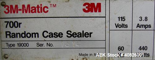 Used 3M-Matic Top And Bottom Random Case Sealer, Model 700R, Type 39600, Carbon Steel. Up to 15 cases per minute, minimum case size 6" wide x 4.75" high x 6" long, maximum case size 21.5" wide x 24.5...