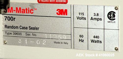 Used 3M-Matic Top and Bottom Random Case Sealer, Model 700R, Type 39600, Carbon Steel. Up to 15 cases per minute, minimum case size 6" wide x 4.75" high x 6" long, maximum case size 21.5" wide x 24.5...