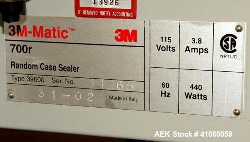 Used 3M-Matic Top And Bottom Random Case Sealer, Model 700R, Type 39600, Carbon Steel. Up to 15 cases per minute, minimum case size 6" wide x 4.75" high x 6" long, maximum case size 21.5" wide x 24.5...