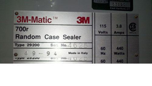 Used 3M-Matic 700R Random Case Sealer. Type 29200 is capable of speeds up to 15 cases per minute. Case size range: (Length) 6" to Unlimited (Width) 6" to 21.5" (Height) 4-3/4" to 24-1/2". Tape width ...