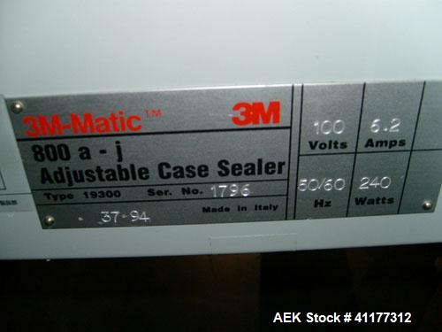 Used 3M-Matic Top And Bottom Adjustable Case Sealer, Model 800A-J, Type 19300, Carbon Steel. Up to 30 cases per minute. Case size range Length 6’’ to unlimited, Width 6’’ to 21-1/2’’, Height 4-3/4’’ ...