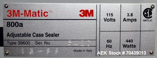 Used 3M-Matic 800A Top Only Adjustable Case Sealer, Type 39600, Carbon Steel. Capable of speeds up to 40 cases per minute. Box capacities Length 6" to unlimited, Width 4.5’’ to 21.5’’, Height 4.75’’ ...