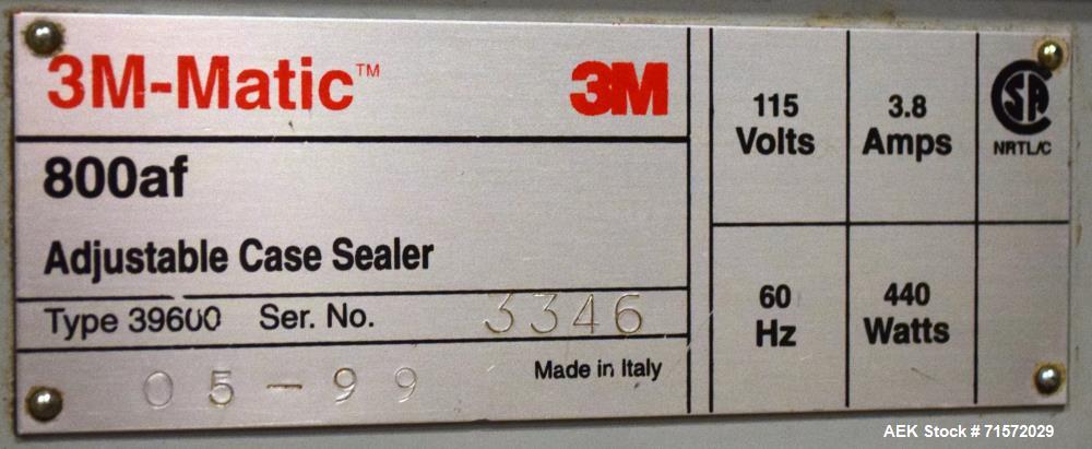 Used 3M Model 800af Adjustable Case Sealer (type 39600). Machine is capable of speeds up to 28 cases per minute. Has a case size range of: 6" - 30" or 150mm - 760mm (length), 4.75" - 21.5" or 120mm -...