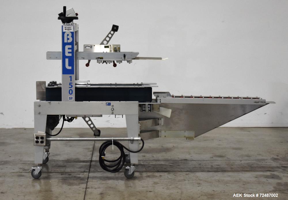 Used Belcor 150 Top and Bottom Case Tape Sealer, Model BEL 150SF. Rated up to 30 cases per minute. Case size range: 8" to unlimited (length) x  5-1/2" to 17-3/8" (width) x 4" to 21" (height). Case se...