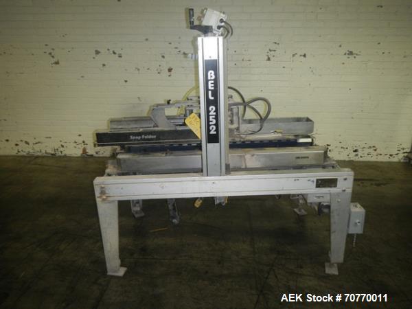 Used Belcor case taper, semi-automatic, Model 252, top and bottom taper with bottom tape head only, case capacity 8" to 24" long x 6" to 16.5" wide x 3" to 16" high, serial # 252-7286