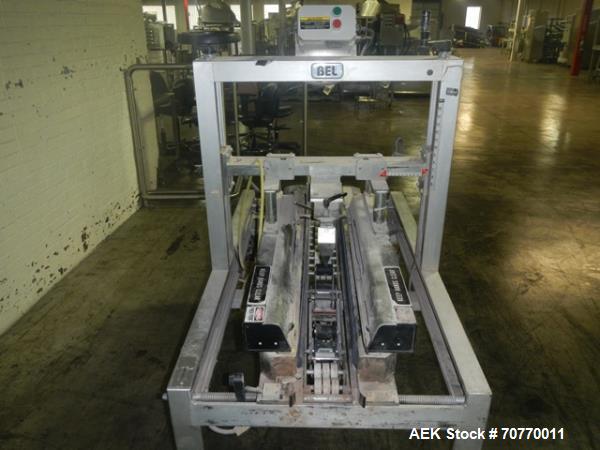 Used Belcor case taper, semi-automatic, Model 252, top and bottom taper with bottom tape head only, case capacity 8" to 24" long x 6" to 16.5" wide x 3" to 16" high, serial # 252-7286