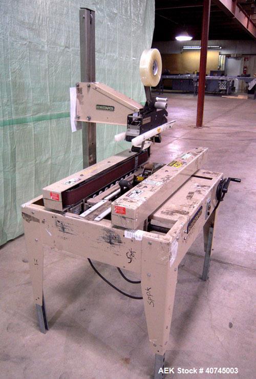 Used Bemis Semi-Automatic Uniform Top /Bottom Case Taper, Model 1018SA, carbon steel. Capable of speeds up to 28 CPM. Has side belt transfers and a case size range: length 4-1/2" to unlimited, height...