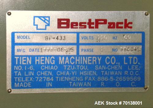 Used Best Pack Manual Side Sealing Carton Sealer, Model BP-433. Capable of speeds up to 40 cases per minute. Has a case size range: length 6" to unlimited, width 14.3" to 31" and depth 8.5" to 30". H...