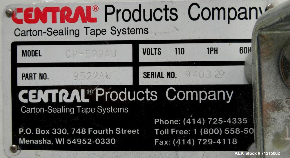 Used Central Products Carton Sealing Machine, Model CP-522, S/N 9040329. Top & bottom flap taping with automatic top flap closing. Handles boxes ranging from 6" x 6" x 6" to 28" x 191/2" x 191/2".
