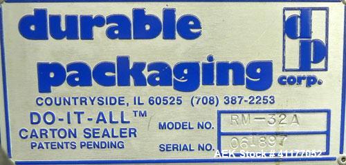 Used Durable Packaging Top Only Case Sealer, Model RM-32A. Case size range: length 4-3/4" to infinite, width 4-3/4" to 20", and height 3-1/4" to 20". Maximum case weight 90 lbs [40 kg]. Tape Applicat...