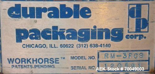 Used Durable Packaging Top Carton Sealer/Flap Sealer, Model RM-3FCS, Carbon Steel. Up to 15 cases per minute. Case size range: width 4" to 20’’, height 4-1/2’’ to 20’’, length 4’’ to unlimited. Manua...