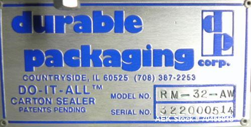Used Durable Packaging Top and Bottom Case Sealer, Model RM-32A. Case size range: length 4-3/4" to infinite, width 4-3/4" to 20", and height 3-1/4" to 20". Maximum case weight 90 lbs [40 kg]. Tape Ap...
